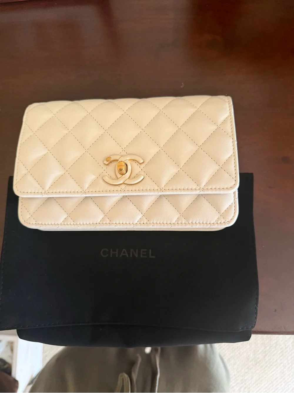 CHANEL Cream Quilted Leather Chain Crossbody with Gold Hardware
